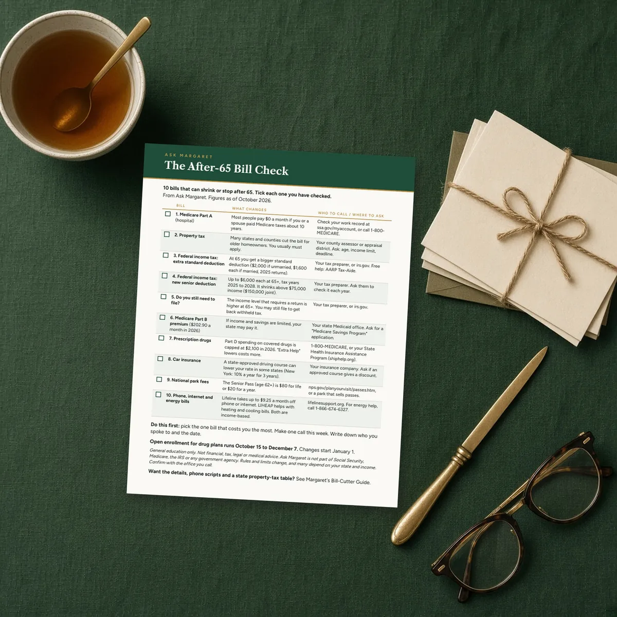 Margaret's After-65 Bill Check, a one-page checklist, on a linen table