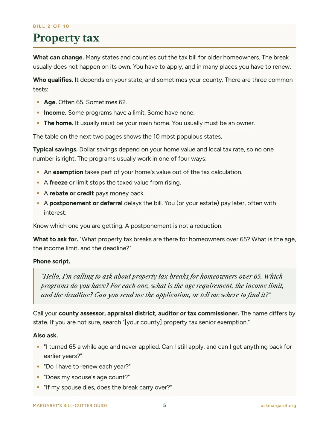 Sample page: A bill with its phone script